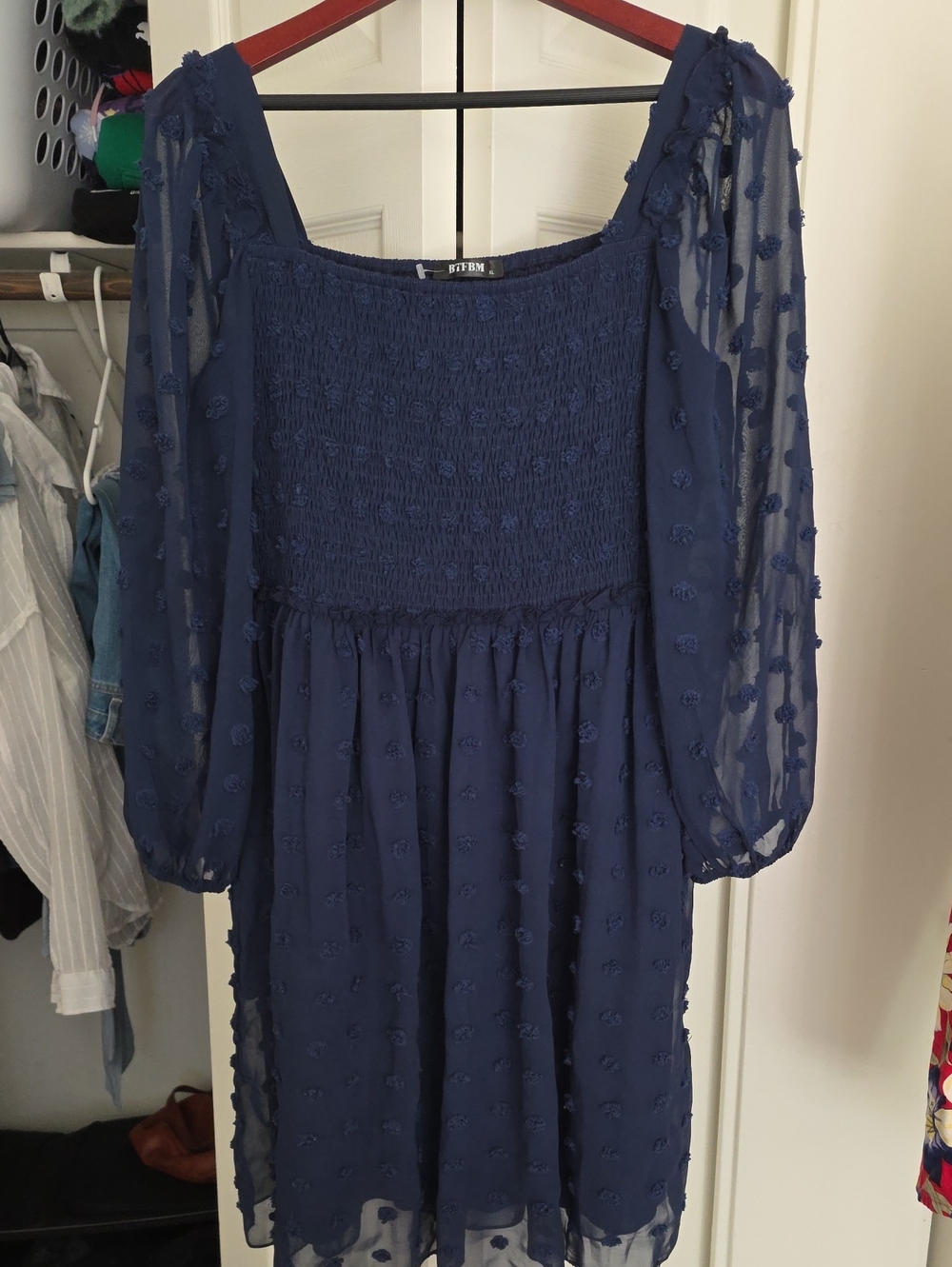 Smocked Navy Long-Sleeve Midi Dress by BTFBM
